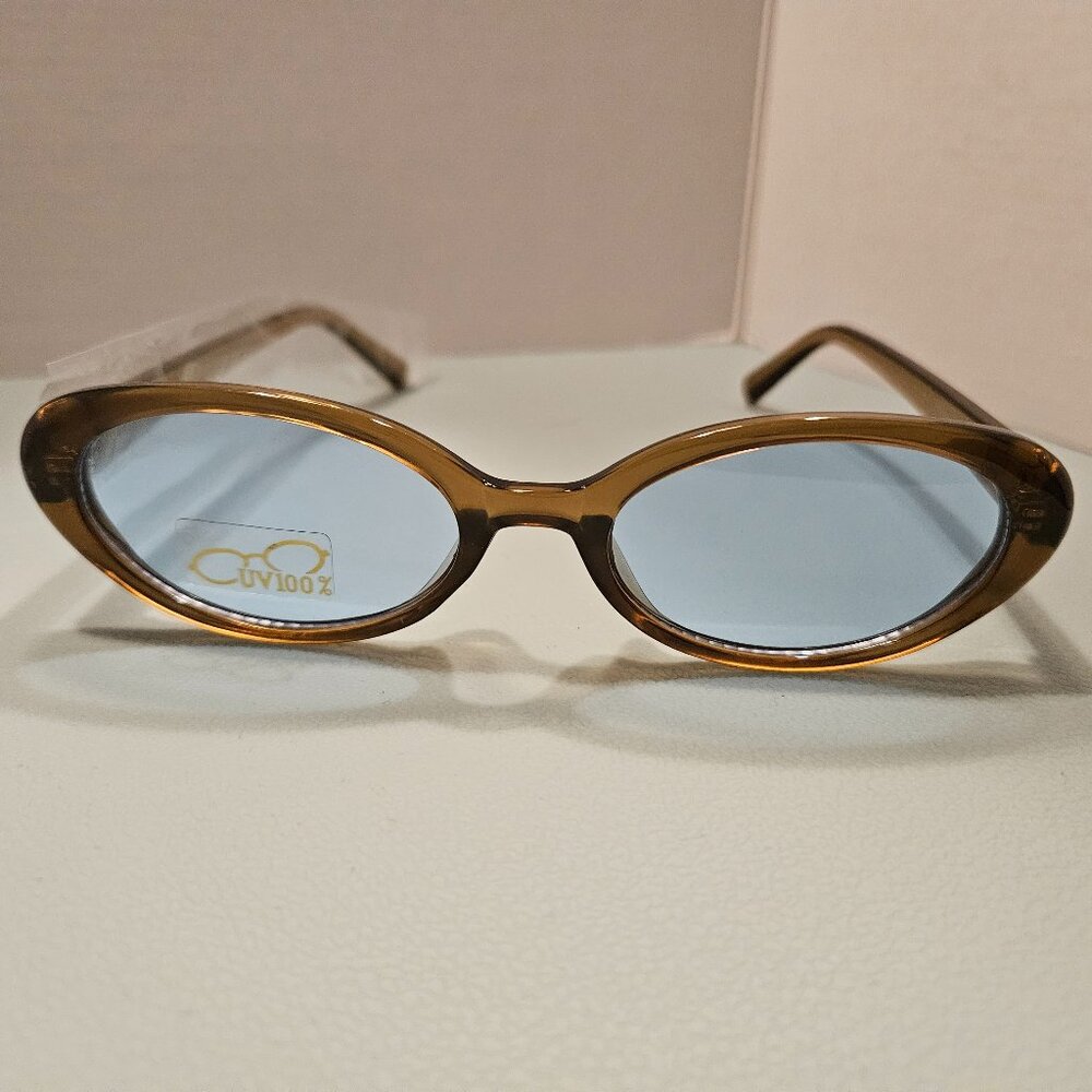 Fashion Oval Clear Brown Frame with Light Blue Lenses Sunglasses - NWOT